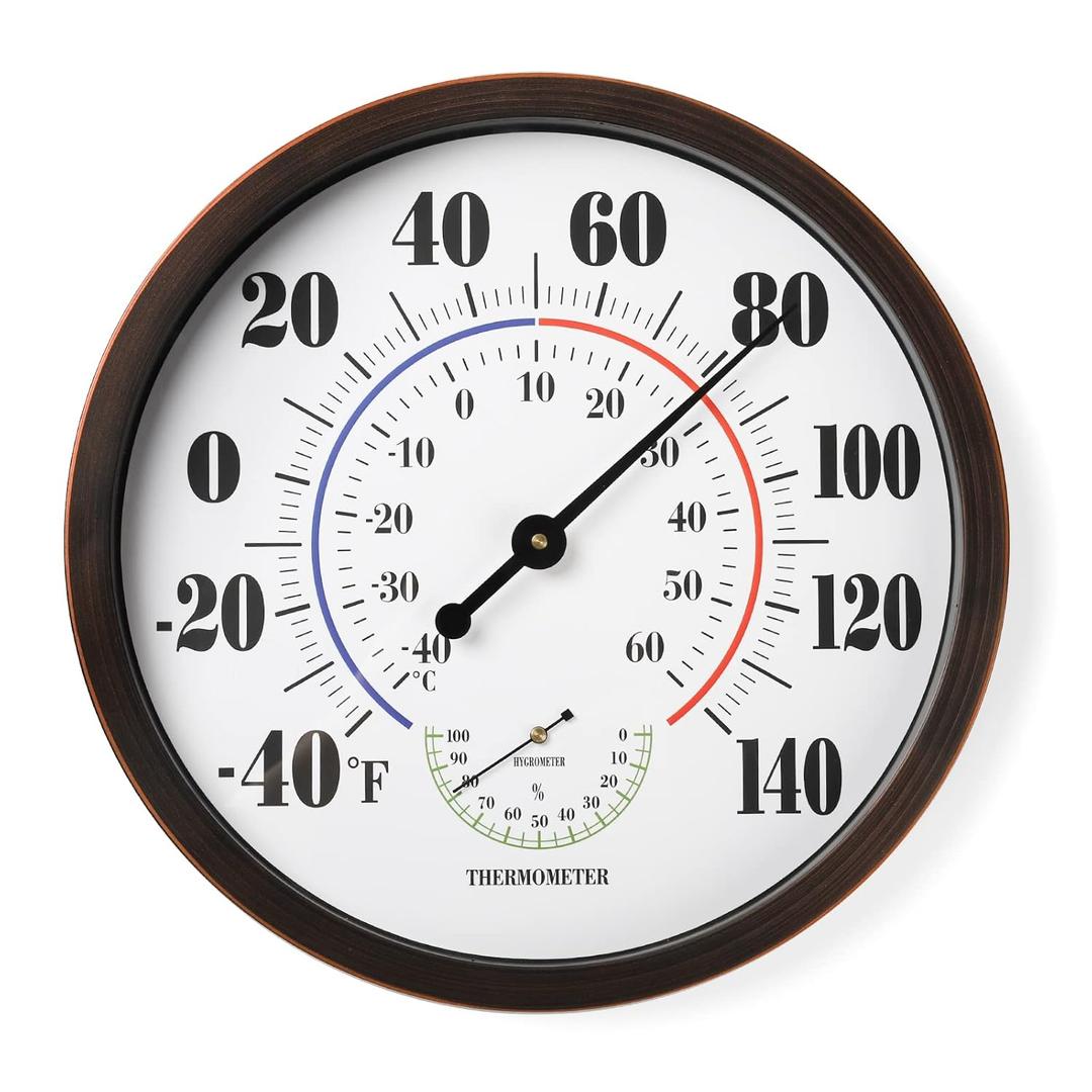 Indoor Outdoor Thermometer Wall Large Numbers Thermometer No Battery 12" Hanging Digital Weather Hygrometers for Home Garden Outside Patio Decor (Brown)