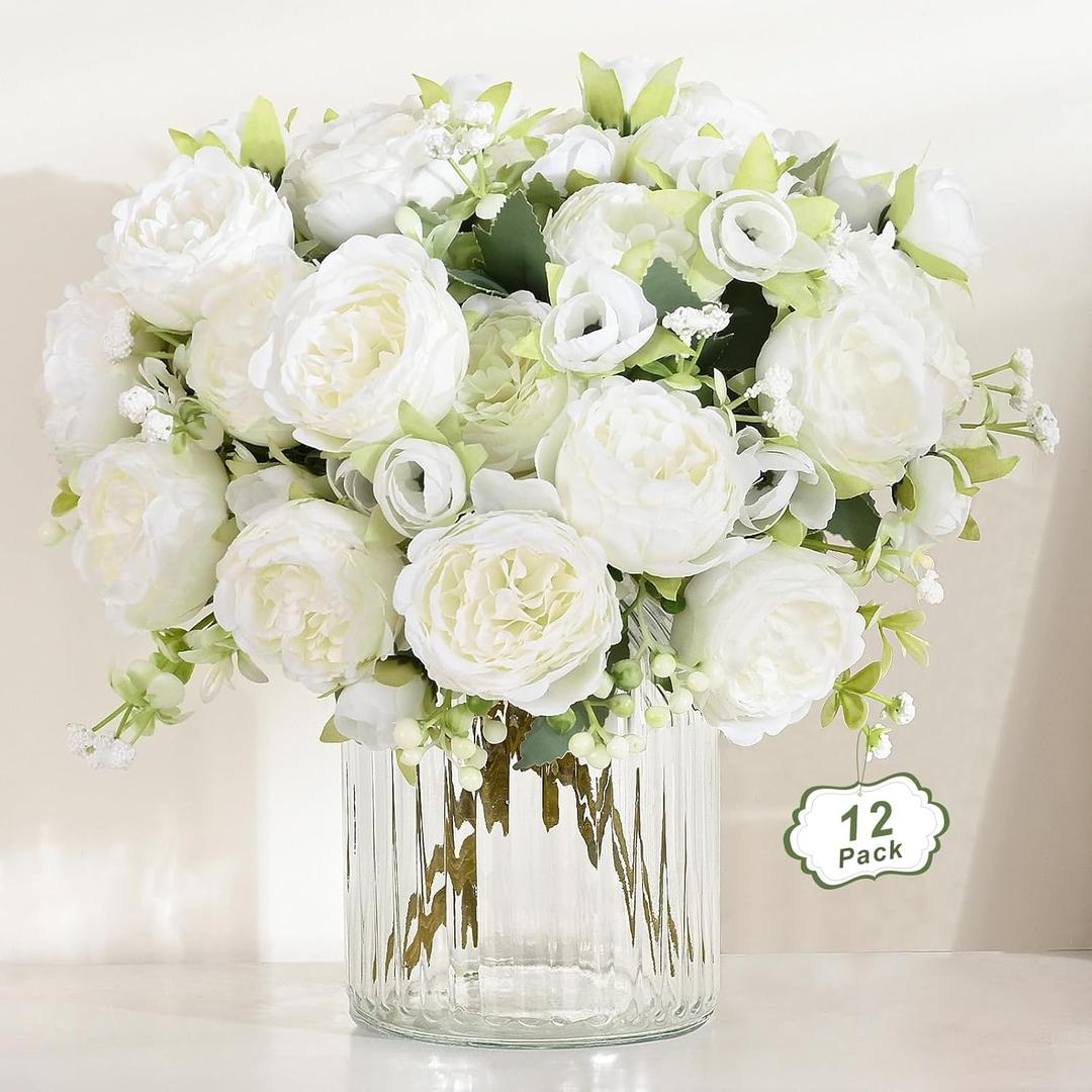MARTINE MALL 12 Packs Peonies Artificial Flowers, White Artificial Peonies, Silk Peonies Flowers Fake Peonies Artificial Flowers Peonies Bouquet for Centerpiece Table Wedding Party Home Decor