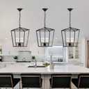 4-Light Chandelier, Farmhouse Black Chandelier for Kitchen Dining Room Light Fixture Lantern Pendant Ceiling Light, Rustic Chandelier with Metal Cage Hanging Lights for Living Room Bedroom Entryway (CL-025-black)