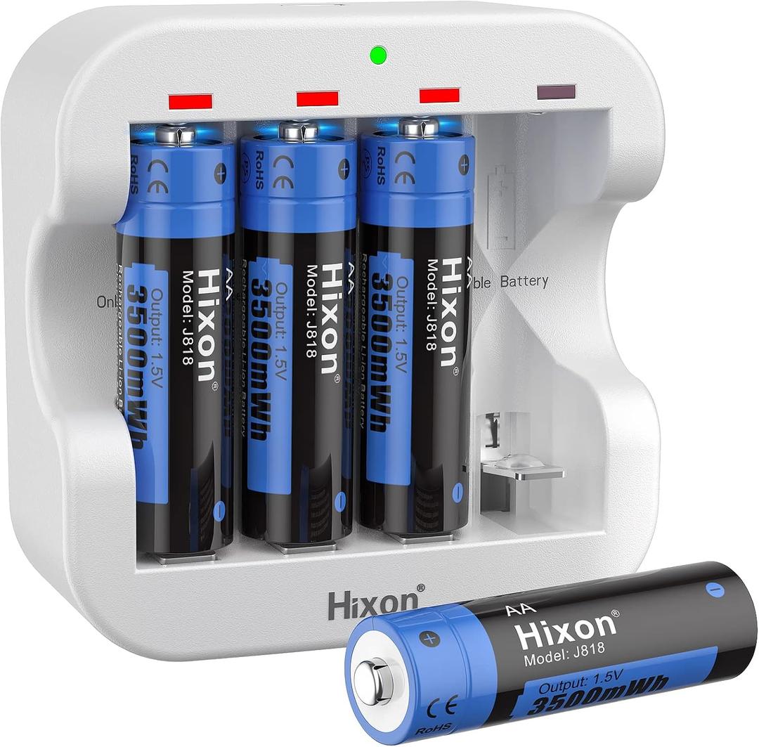 Hixon AA Rechargeable Batteries with Charger, 3500mWh High-Capacity, Constant 1.5V, 1600Cycle, Max 3A Current (4AA+1Charger)