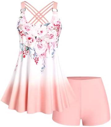 ROSE GAL Womens Plus Size Curve Ombre Color Floral Print Crisscross Modest Tankini Swimsuit Set Size L