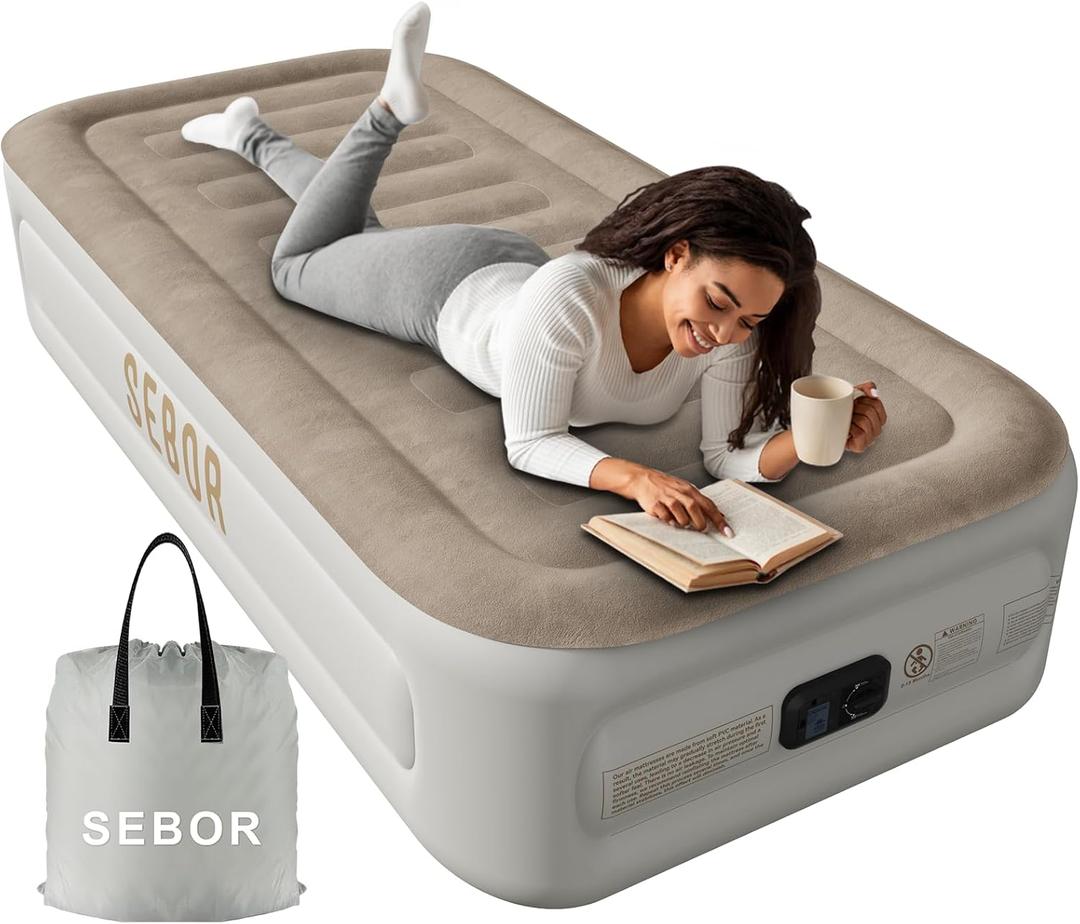 X-Long Twin Air Mattress with Built in Pump,Suit for Home & Guests,Travel Air Mattress Twin XL for Adults,Inflatable Travel Bed,330lb MAX (Khaki Top / White Gray Body)