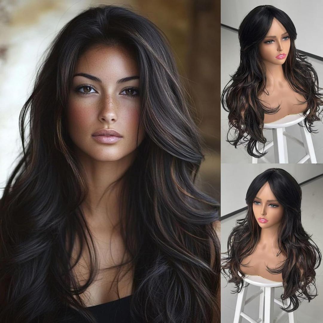 Highlight Honey Brown Layered Wavy Wig With Curtain Bangs for black Women Synthetic Black Mixd Blonde Highlight Wig Long Curly Natural Body Wave for Daily Party Use 24inch Highlight Honey Brown Layered Wavy Wig With Curtain Bangs for black Women Synthetic Black Mixd Blonde Highlight Wig Long Curly Natural Body Wave for Daily Party Use 24inch