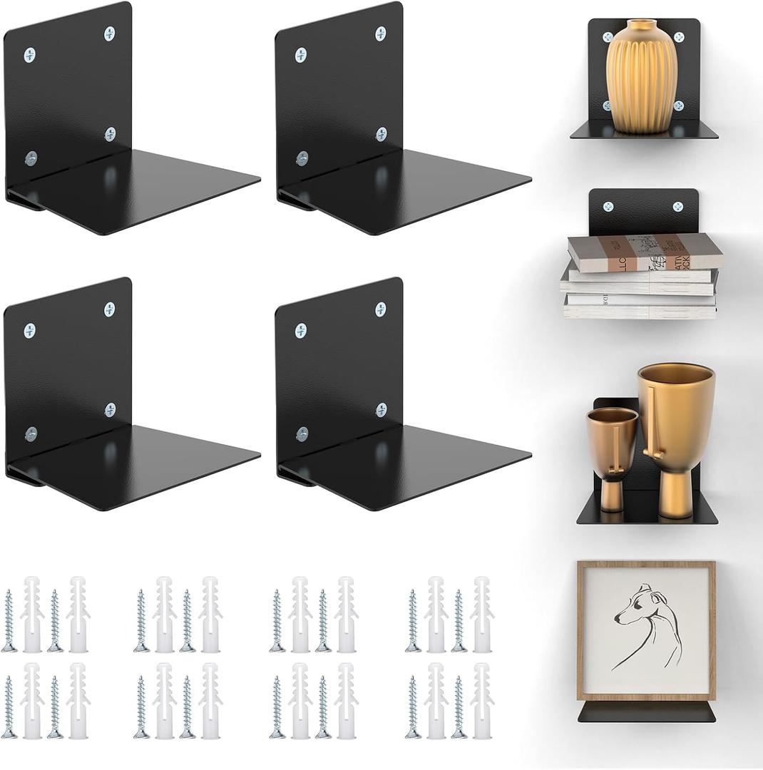 Eapele Invisible Floating Bookshelf, Heavy-Duty Hanging Bookshelves, Steel Constructed Wall Mounted Hidden Bookshelf with Mounting Hardware, 4PCS Black (Irregular square 4pcs)