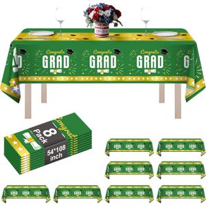 8 Pack Graduation Plastic Tablecloth 54" x 108" Disposable Table Cloths for 6 to 8 Foot Tables Cover for Class of 2026 Parties Decorations Supplies (Graduation Green Gold, Rectangle)