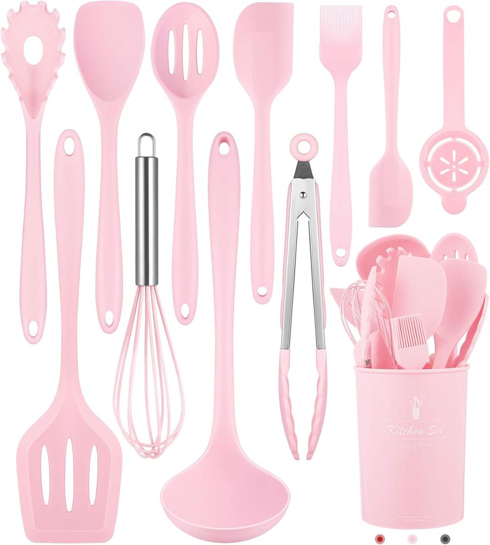 Kitchen Utensils Set-12 Pieces Silicone Cooking Utensils Set (Dishwasher Safe) 392F Heat Resistant Spatula Set, Nonstick Cookware (Pink)