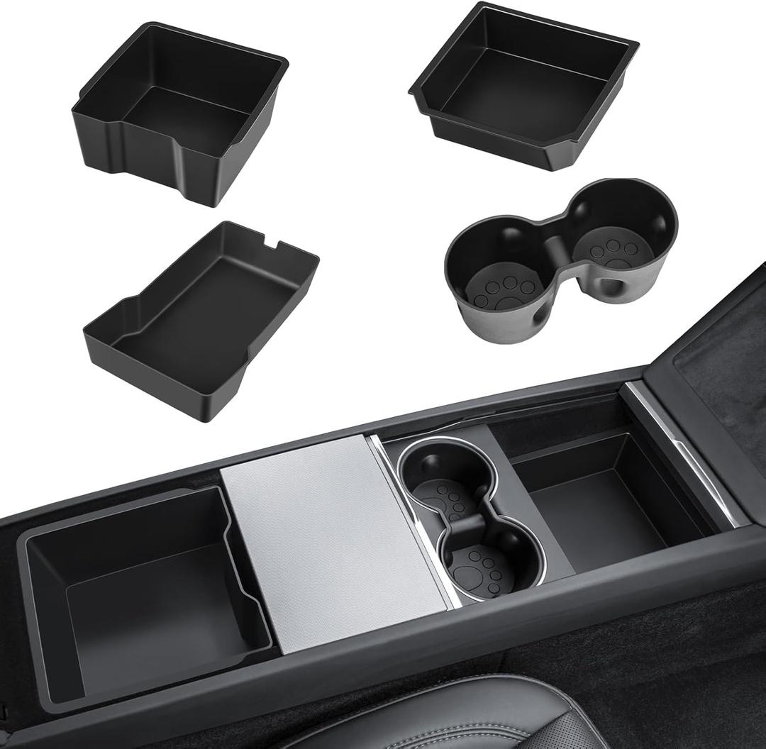 4PCS for 2026 New Tesla Model Y Juniper Front and Rear Center Console Organizer Tray Cup Holder for 2024-2025 Tesla Model 3 Highland and 2025-2026 Tesla Model Y Juniper Accessories
