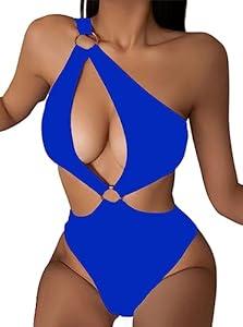 Hilinker Women's O-Ring Cutout Halter One Piece Swimsuit High Cut Bathing Suit (Small, Blue)
