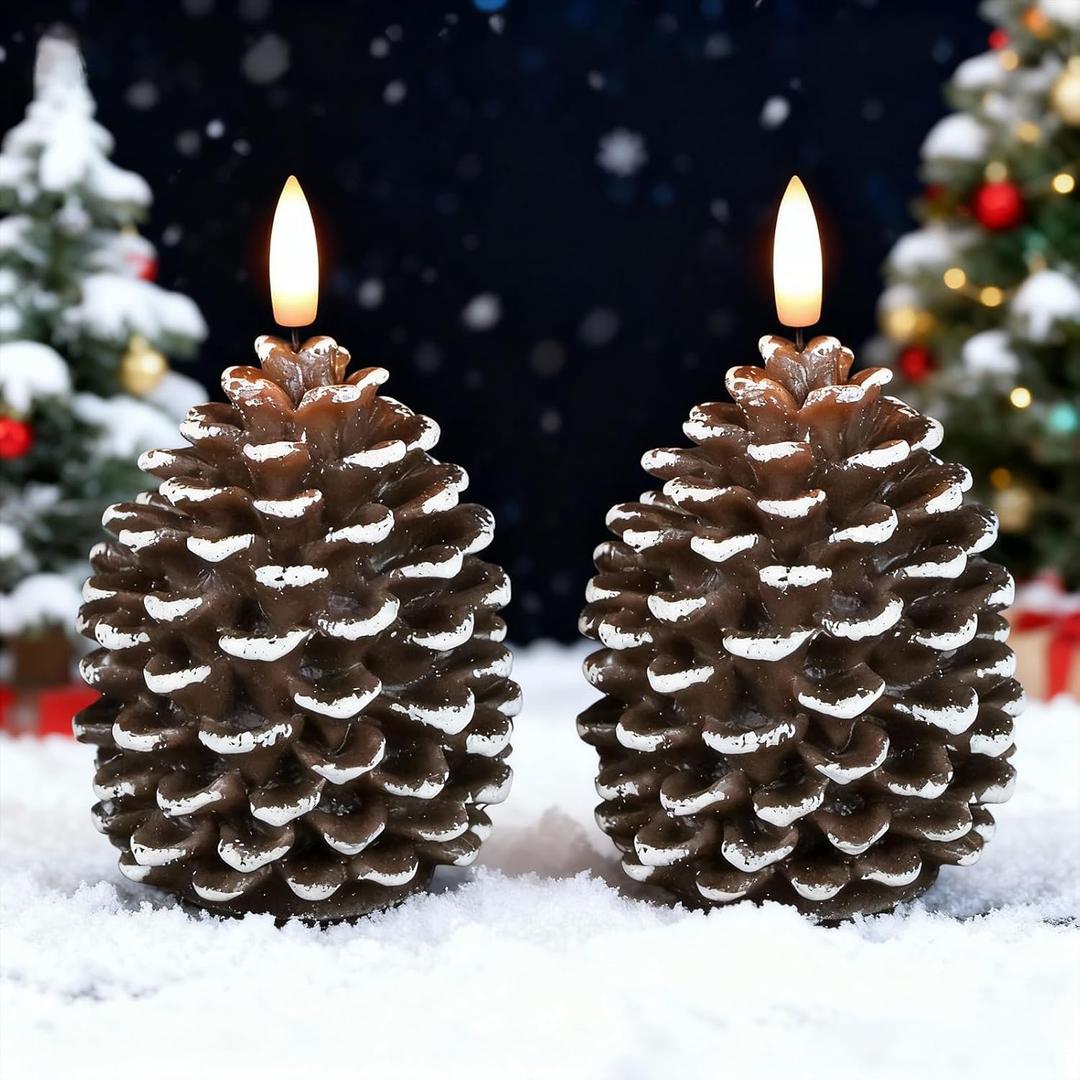 LED Flameless Pinecone Candles with 6H Timer, Waxy Pillar Candles, Christmas Candle 2 Pack Flickering Acorn Decor Woodsy for Fall Christmas Decor(Brown, 3.5 x 6 Inch)