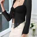 Women's Y2k Mesh Sheer Crop T Shirt Bell Long Sleeve Tie Front Goth Party Tops (Black, M)