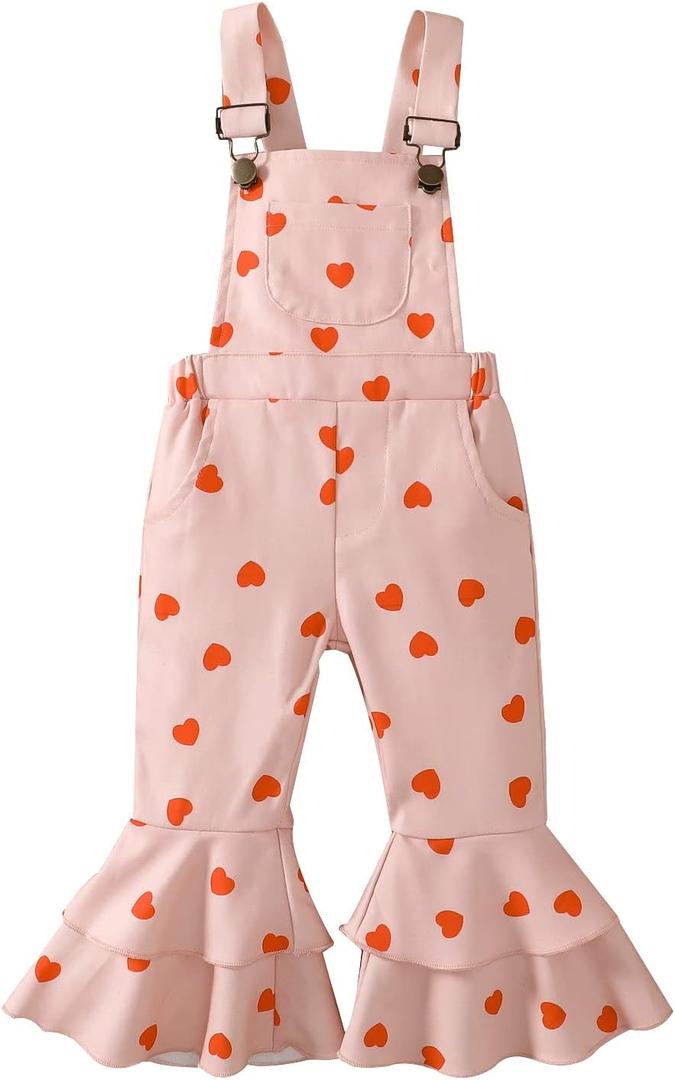 Toddler Baby Girl Valentines Clothes Ruffled Sleeves Top Heart Bell Bottoms Flared Overalls Suspender Pants Set (2-3T)