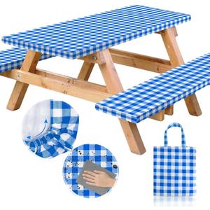 RNOONY Vinyl Fitted Picnic Table Cover with Bench Covers and Bag, Outdoor Waterproof Picnic Tablecloth with Elastic Edges, 96x30 Inches 3 Pcs Set (Blue Checkered)