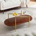 Oval Glass Coffee Table, Mid-Century Modern Design, L42*W22*H17 inch, for Living Room, Clear Glass Top and Walnut Finish Wood Shelf, Conical Metal Legs with Gold Finish