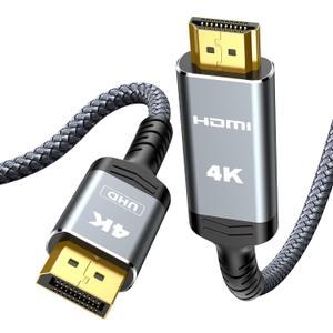 Highwings 4K DisplayPort to HDMI, 6.6ft Uni-Directional DP (Source) to HDMI (Display) 1.4 Cable, 4K@30Hz, 2K@60Hz, 1080P Full HD, Braided Cord for Dell, NVIDIA, AMD, Lenovo, Monitor, Projector (Grey) (6.6 FT)
