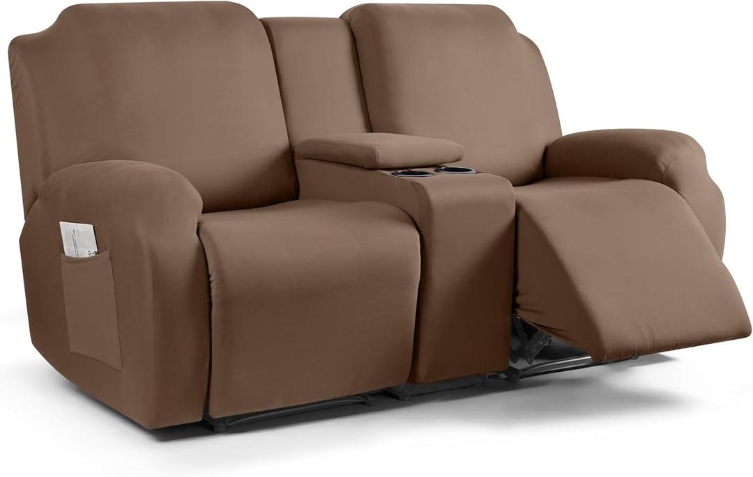 TAOCOCO Reclining Loveseat with Middle Console Slipcover, 4 Piece Polyester Fabric Stretch Loveseat Recliner Sofa Covers, Soft Washable Furniture Protector (Light Coffee, 2 Seater with Console Cover)