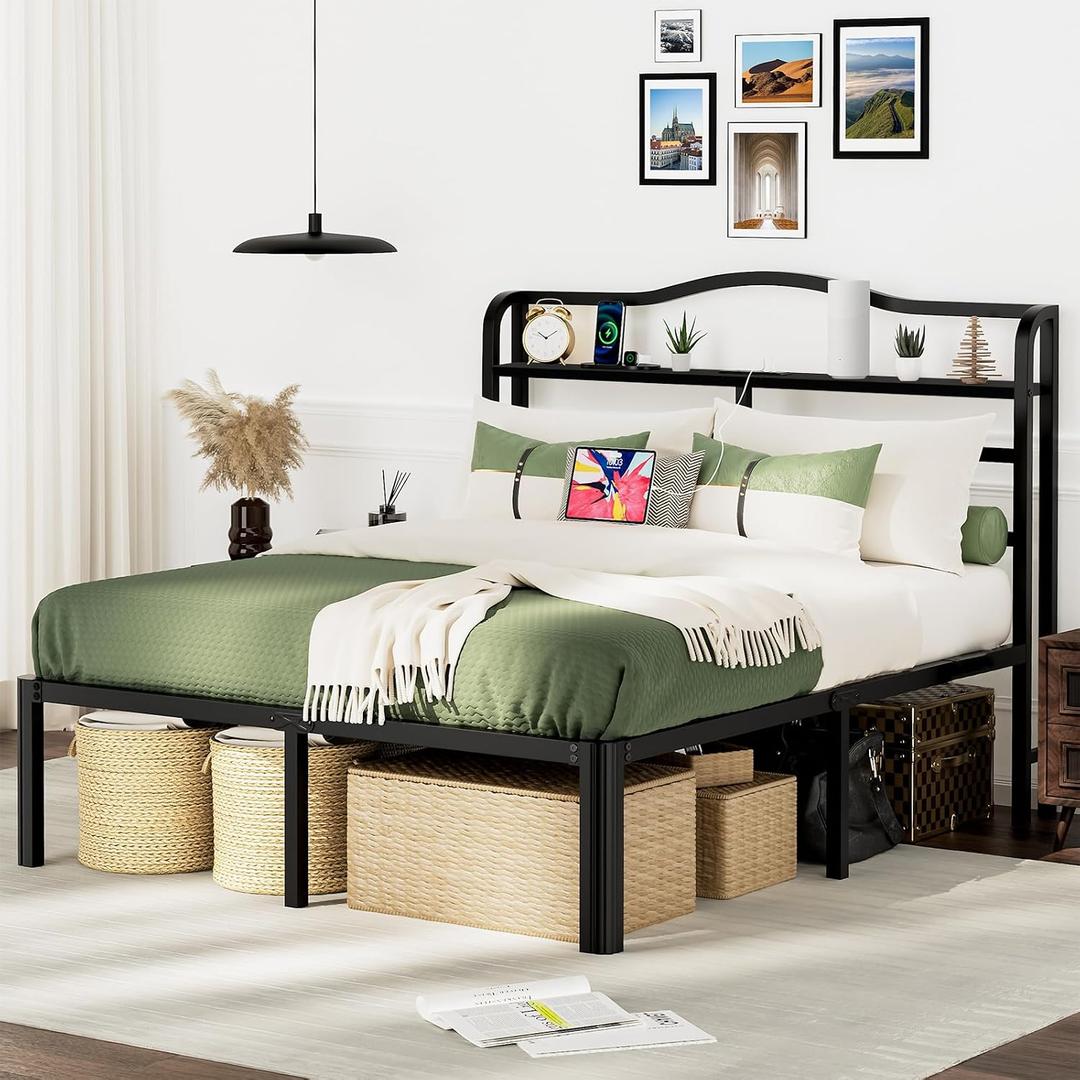 Full Size Bed Frame with Headboard 18 Inch Tall Bed Frames with Storage & Charging Station Black Basic Bed Base Mattress Foundation,No Box Spring Needed,Heavy Duty Metal (18 Inch, Full)