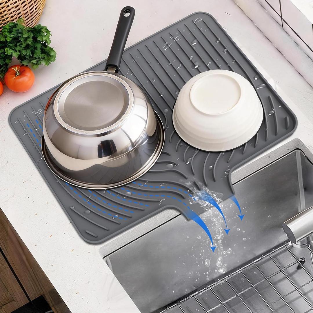 JACZZO Silicone Dish Drying Mat for Kitchen Counter, 19.7" x 17.2" Large Drying Mat with Built-in Drain Lip, Heat Resistant Countertop Protector Pad, Fast Drying & Easy Clean, Grey