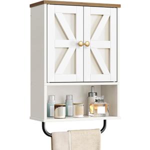 Bathroom Wall Cabinet, Medicine Cabinet with Open Partition and Towel Bar, Rustic Storage Cabinet with Open and Hidden Storage Space, for Bathroom, Living Room, Kitchen, White and Walnut (7.1"D x 15.4"W x 24.4"H)