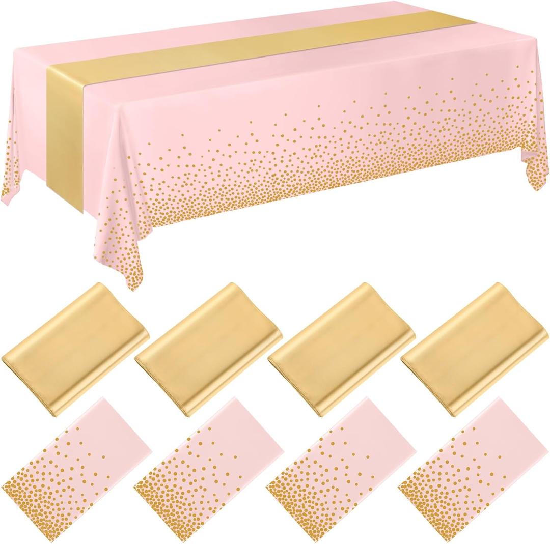 Breling 8 Pack Pink and Gold Disposable Plastic Tablecloths and Satin Table Runner Set, 54 x 108 Inch Tablecloth, 12 x 108 Inch Table Runners for Wedding Graduation Birthday Baby Shower