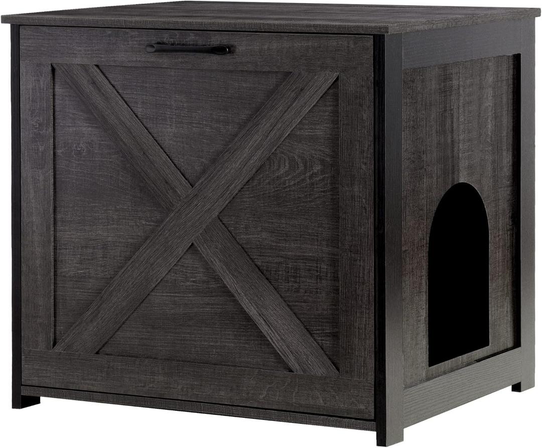 Dwanton Cat Litter Box Furniture Hidden, Cat Litter Box Enclosure, Reversible Entrance Can Be on Left or Right Side, Indoor Cabinet, Wooden Washroom, End Table, Nightstand, Dark Gray, 23.6" L