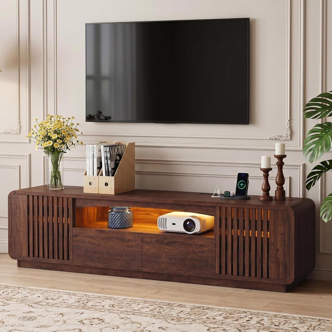 63" TV Stand with Storage, Mid Century Entertainment Center Walnut