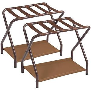 Luggage Rack Set of 2, Foldable Suitcase Stand with Fabric Storage Shelf Easy Assemble Metal Luggage Holder with Straps for Guest Room Bedroom Hotel, Brow