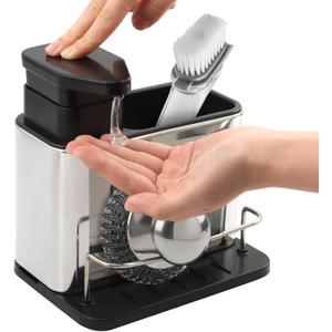 Soap Dispenser for Kitchen & Bathroom Sink, 3-in-1 Sponge Holder with Steel Wool Scrubber, Sink Organizer Tray Drainer Rack, Stainless Steel Dish Soap Dispenser with Sponge Holder