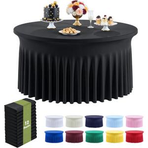Outpain 12 Pack Black 72in/6FT Round Spandex Tablecloth,132inch Stretchy Fitted Black Table Cloths,Wrinkle Free Round Table Cloths with Skirt for Wedding Vendor Graduation Banquet