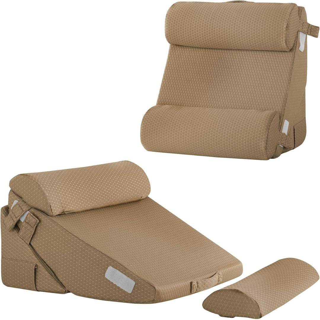 Bedluxe Adjustable 4pcs Bed Wedge Pillow Set, Memory Foam Wedges Pillow Post Surgery for Back, Neck, Leg Pain Relief, Pillows Wedge for Sleeping, Sitting up in Bed, Acid Reflux and GERD, Brown (Adjustable 9&12 Inch + 2 Head Pillow)