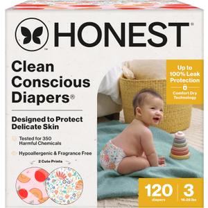 The Honest Company Comfort Dry Disposable Daytime Diapers, Hypoallergenic, Fragrance-Free, Sensitive Skin, Just Peachy + Flower Power, Super Club Box Size 3 (1628 lbs), 120 Count