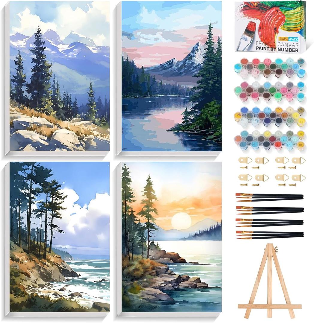 Fountor 4 Pack Framed Paint by Numbers Kit for Adults Beginners with Wooden Easel, DIY Landscape Arts and Crafts for Adults, Painting by Numbers for Home Wall Decor, 8x12 inch (LOP-4P-1101)