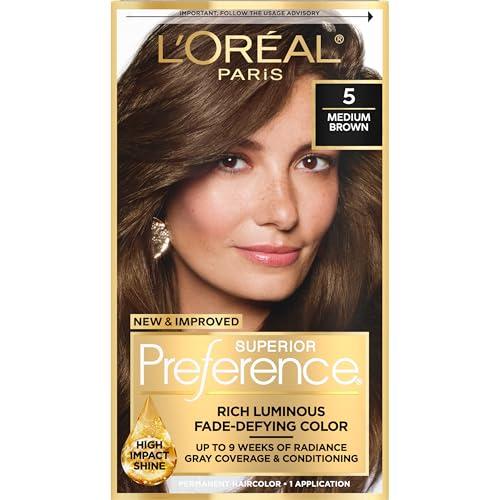 L'Oreal Paris Superior Preference Luminous Fade-Defying Permanent Hair Color, Hair Dye For Up to 9 Weeks of Radiance, Medium Brown 5, 1 Hair Dye Kit
