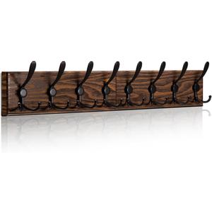 Wooden Wall Coat Rack with 8 Tri Metal Hooks for Hanging Coats, Backpacks and More - 28 Inch Wall Mounted for Mudroom, Farmhouse Entryway (Burlywood+Black)