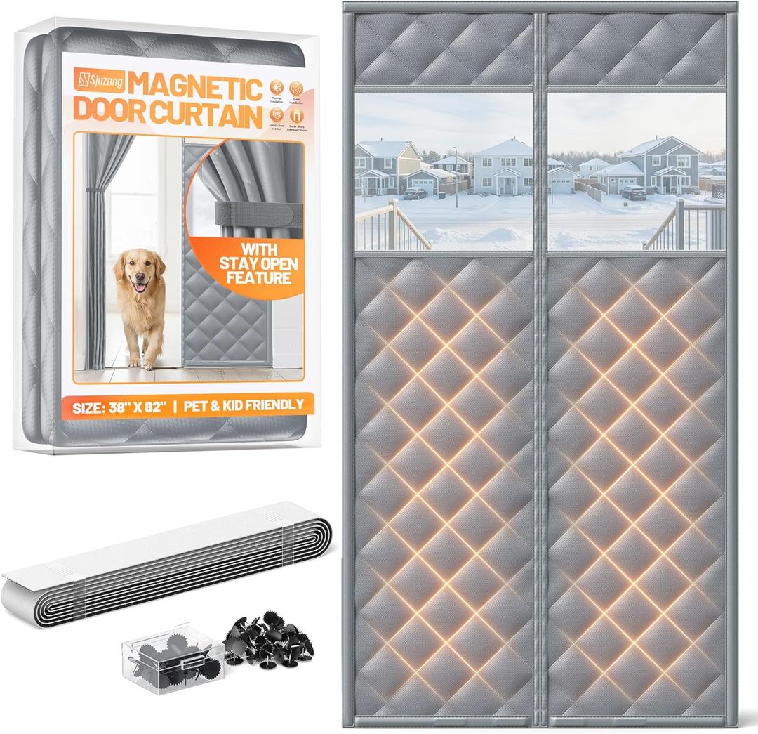 Magnetic Insulated Door Curtain Fits 36"x80" Doors - Thermal Door Cover for Winter with Clear Window, Window Insulation Kit & Doors Draft Stopper to Keep Cold Air Out for Front Doorway Home - Gray