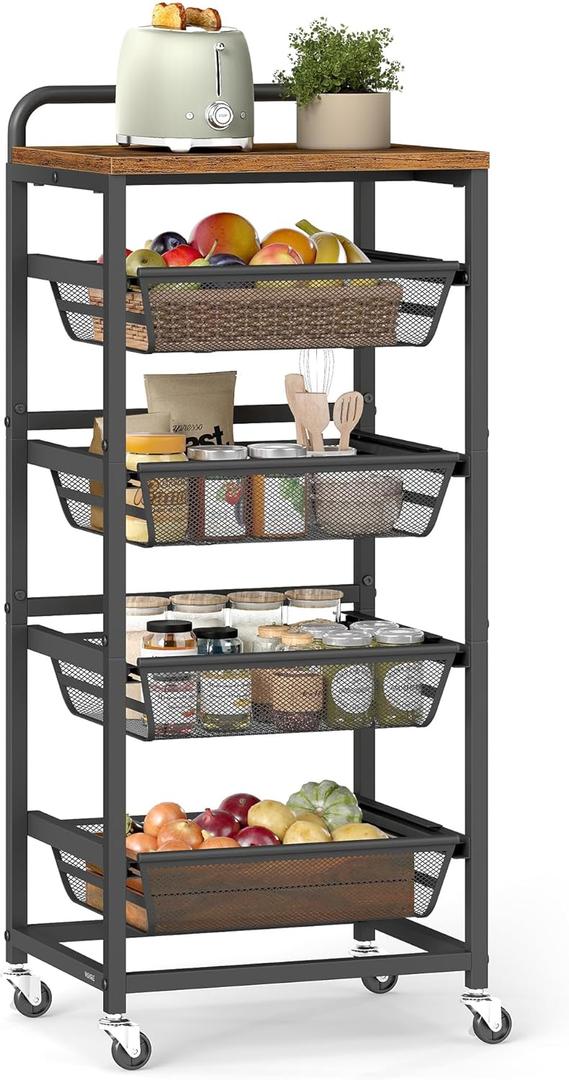 VASAGLE Storage Cart with Pull-Out Baskets, 5-Tier Kitchen Cart with Wheels, Handle, 12.5 x 15.8 x 37.4 Inches, Rustic Brown and Ink Black ULRC041K01