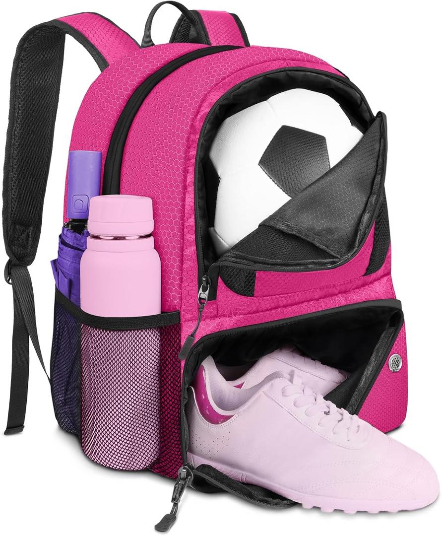 YOREPEK Soccer Backpack,Soccer Bag with Ball Holder, Water resistant Sport Equipment Bags Fit Basketball Volleyball Football (Deep Pink)