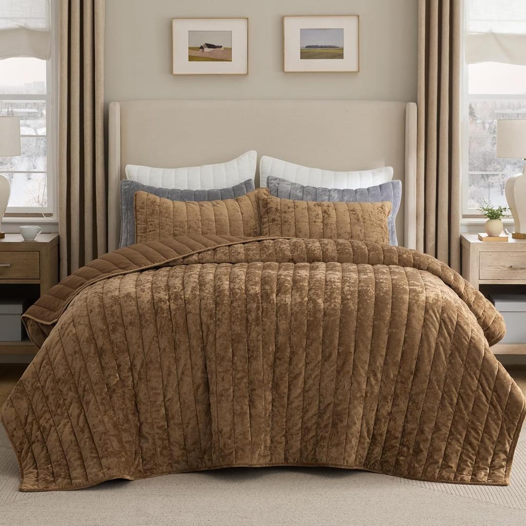 Bedsure Velvet Quilt Queen Size Set - Lightweight Velvet Comforter Queen, Luxury Bedspread Coverlet, Ultra-Soft Bedding Set with 2 Pillow Shams for All Season, 90"x96", Caramel Gold