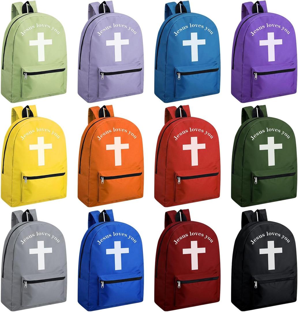Amylove 12 Pcs Kids Christian Backpacks Bulk- 17'' Religious Jesus Loves You Cross Backpack for Christmas Church Gifts(Multicolor)