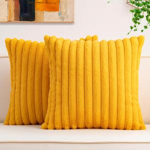 Aegero Pack of 2 Faux Fur Christmas Throw Pillow Covers 20x20 Inch, Soft Plush Striped Neutral Couch Pillow Cover, with Velvet Back Modern Home Decor for Sofa Living Room Couch Bed Yellow