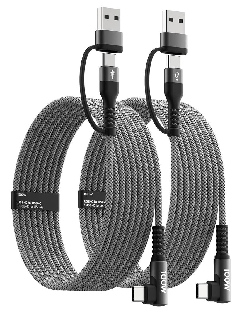 100W Fast USB C Charger Cable Right Angle, USB A/C to USB C Cable, 90 Degree Type C Braided Charging Cord for iPhone 17 16 15 Series,Samsung UItra S25 S24,MacBook (2, Black, 10ft) (Grey)