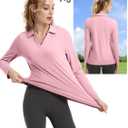 FKEEP Women's Tennis Golf Shirt Long Sleeved Top Sport Activewear V-Neck Workout Athletic (Pink, L)