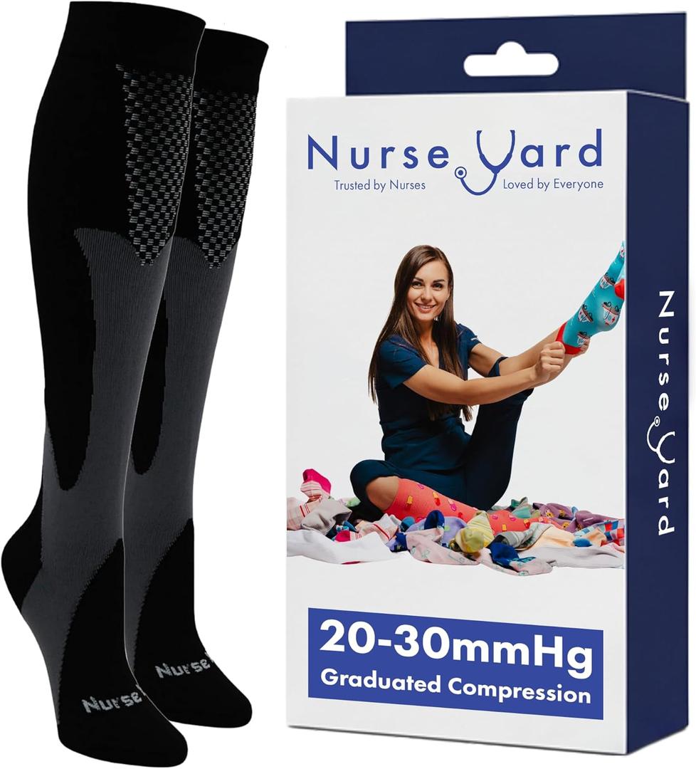 Nurse Yard Compression Socks for Women and Men | 20-30mmHg Graduated Medical Compression Socks for Nurses | Travel and Flying | Athletic Support for Running, Best Compression Socks | 1 Pair Black (XX-Large)