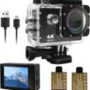 Action Camera 4K 30FPS, Waterproof Camera 30M Underwater Ultra HD 131FT 170Wide Angle Shooting, with 2 x 1050 mAh Batteries for Cycling, Ice Skating, Skiing, Fishing, Climbing