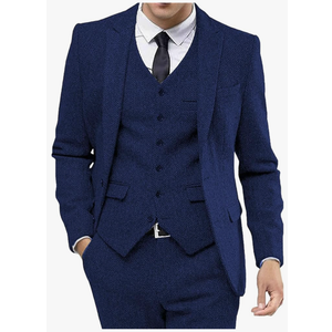 Mens Tweed Herringbone Wedding Suit Formal Tuxedos for Blazer+Pants+Vest Prom Tuxedos 3 Piece Peak Lapel Set XL