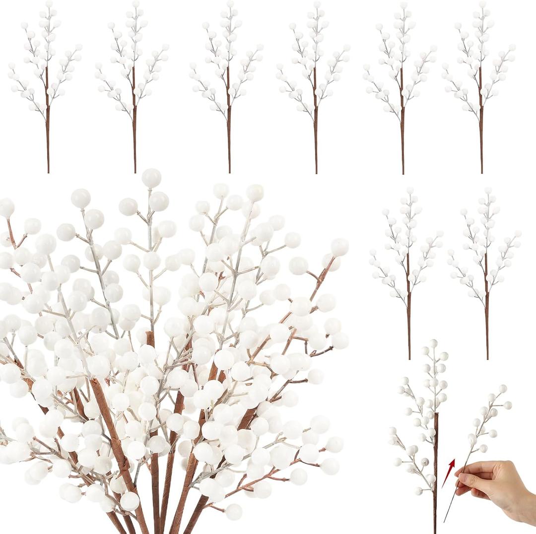 HOHOTIME Christmas Holly White Berry Stem Ornaments, 8 Large Branches/32 Small Branches Artificial Berry Stem, Removable Artificial Berry Stem Ornaments, Home Decorative for Christmas Tree Wreath