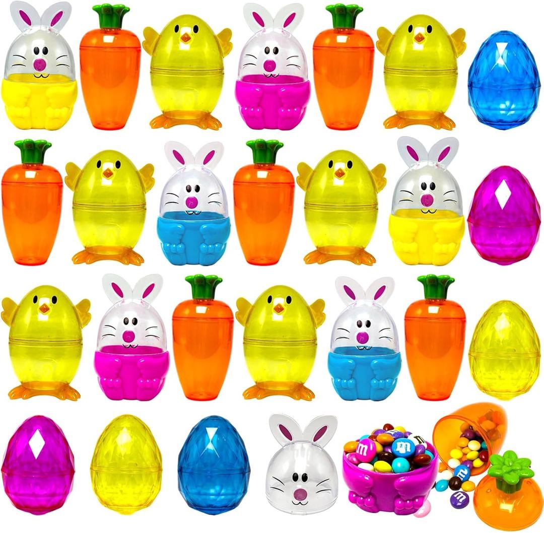 24 Pack Easter Fillable Containers Plastic Bunny Chick Carrot Shaped Treat Box Colorful Diamond Egg Novelty Easter Hunt Basket Stuffers Filler Shell for Classroom Prize Spring Party Favor