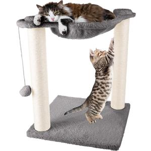 Cat Hammock with Scratching Posts for Indoor Cats - 19-Inch-Tall Cat Tree with Hanging Ball Toy for Adult Cats and Kittens by PETMAKER (Gray)