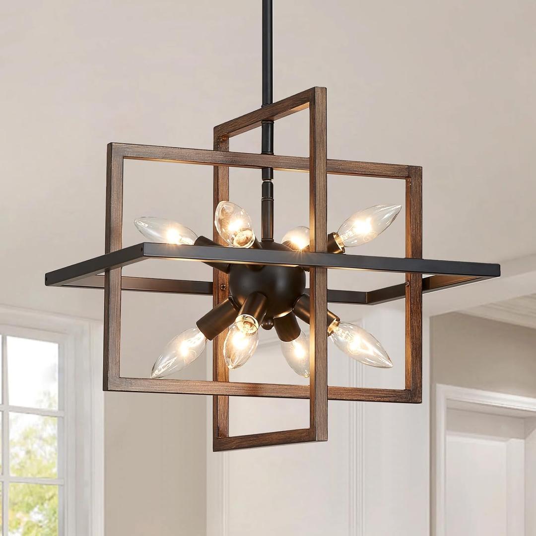 Geometric Pendant Light Farmhouse Chandelier for Dining Room 8 Lights Modern Rustic Ceiling Light Fixture for Kitchen Island Living Room Bedroom Hallway (14.96"-Geometric-Wood Grain Finish)
