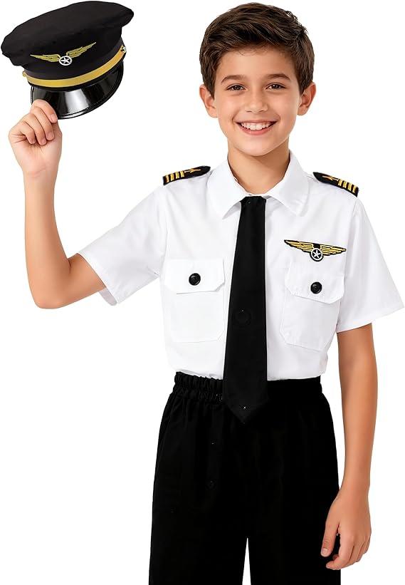 Airline Pilot Costume for Kids Airline Captain Uniform for Halloween Career Day Dress Up Birthday Gifts L