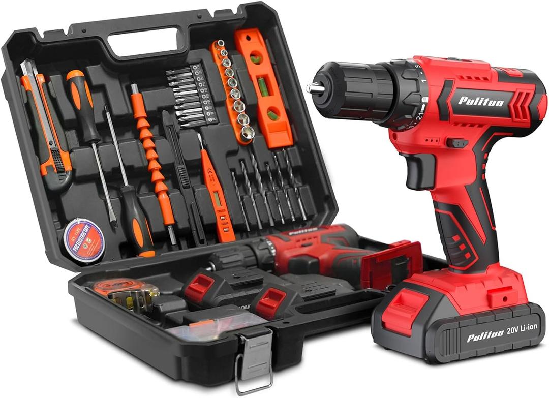 PULITUO Tool Kit with Power Drill, 20V cordless Electric Drill Set with 2 Pack Lithium Battery and Charger, Torque 30N.m, 21+1 Torque Setting, 2 Speed Setting